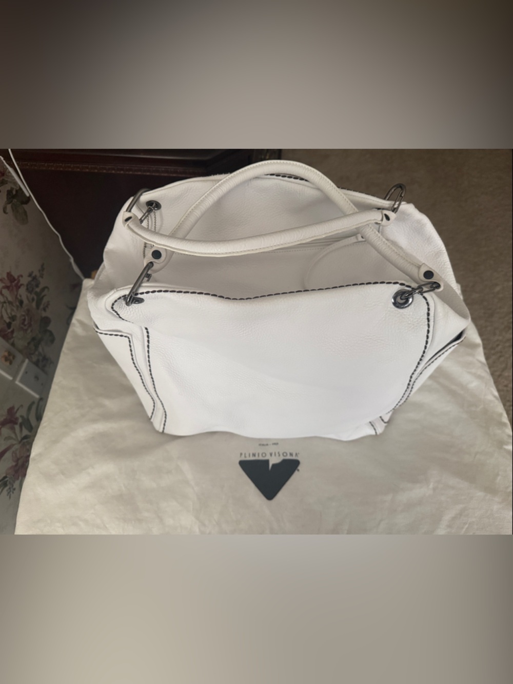PLINIO VISONA WHITE LEATHER TOTE OVERNIGHT BAG with DUST BAG